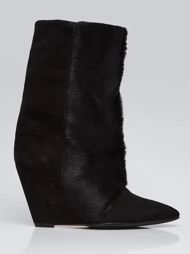 Black Pony Hair And Suede Wedge Boots