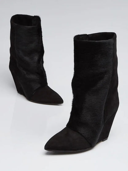 Black Pony Hair And Suede Wedge Boots