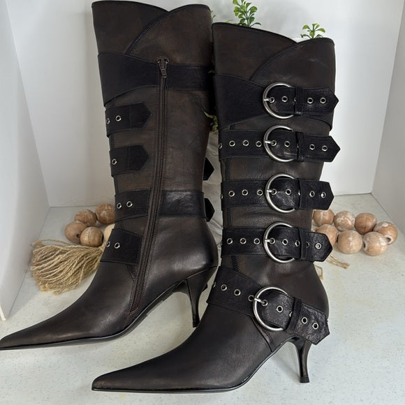 Strap And Buckle Knee-high Heeled Boots