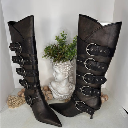 Strap And Buckle Knee-high Heeled Boots