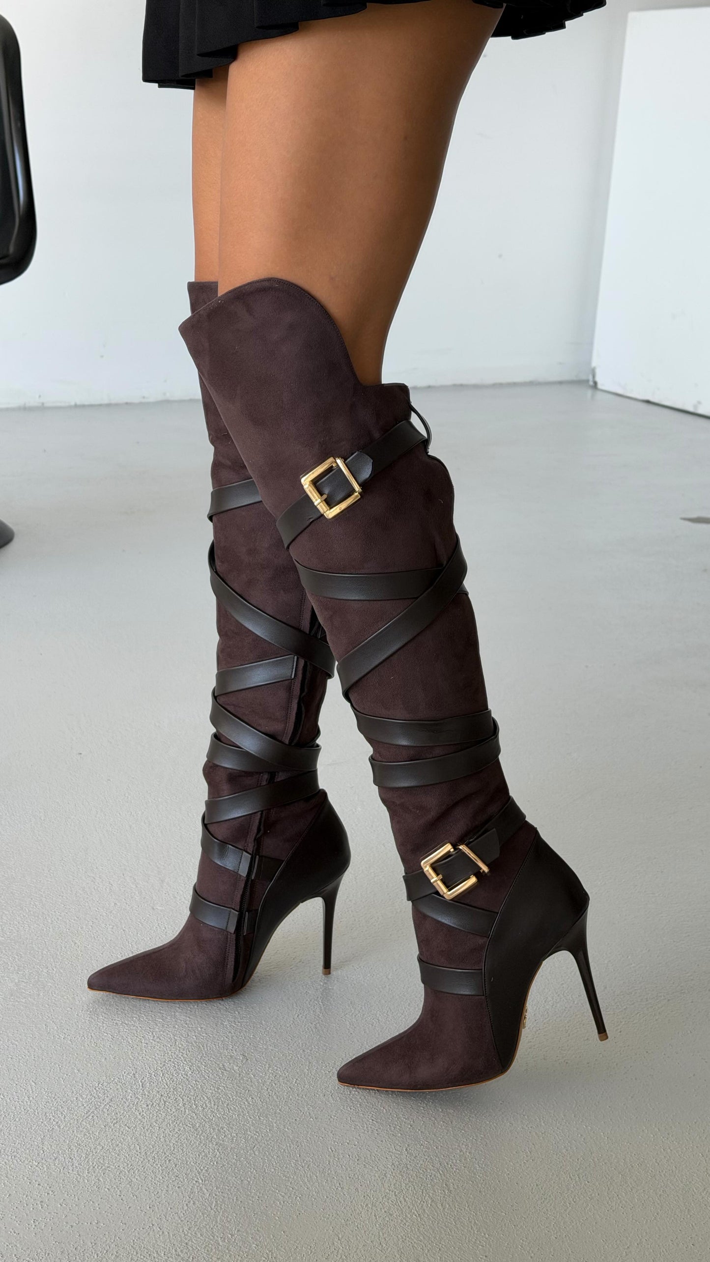 Buckled Suede Stiletto Boots