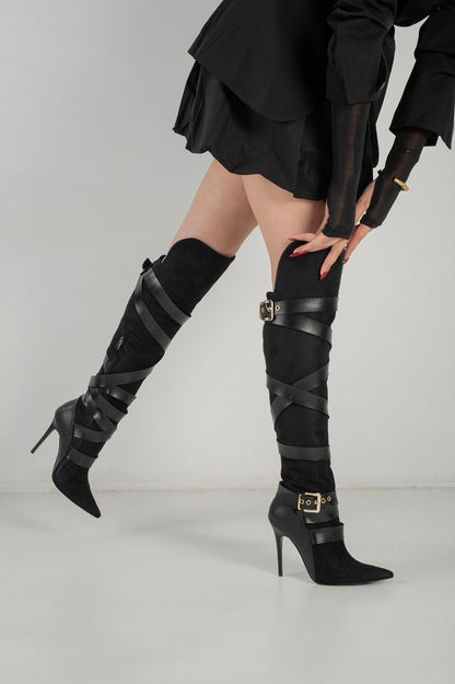 Buckled Suede Stiletto Boots