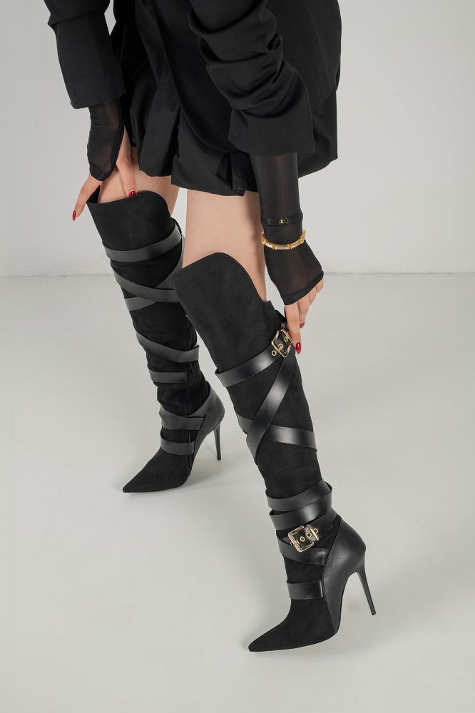 Buckled Suede Stiletto Boots