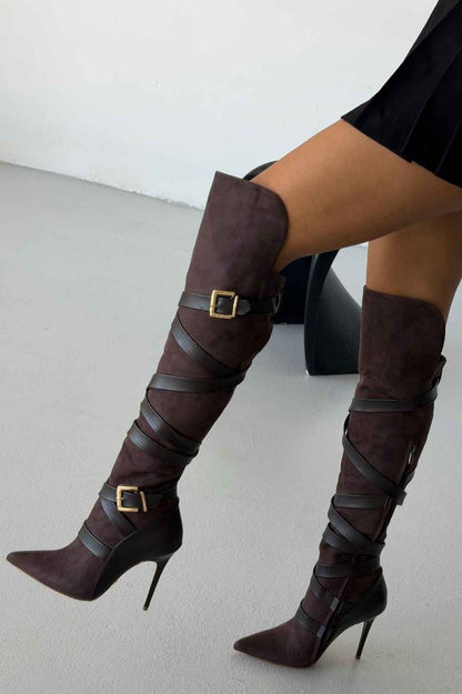 Buckled Suede Stiletto Boots
