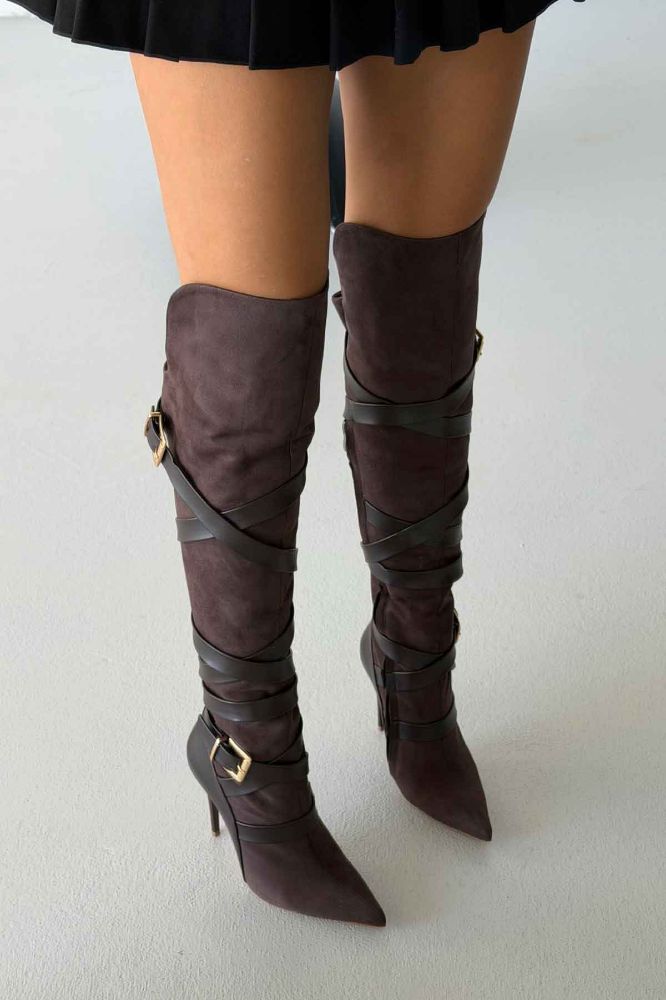 Buckled Suede Stiletto Boots