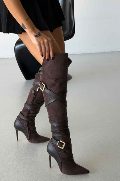 Buckled Suede Stiletto Boots