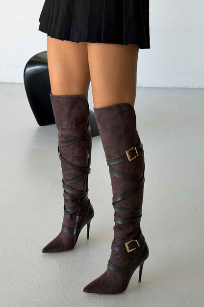 Buckled Suede Stiletto Boots