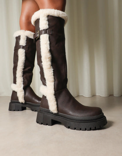 Brown Faux Fur Detail Chunky Boots