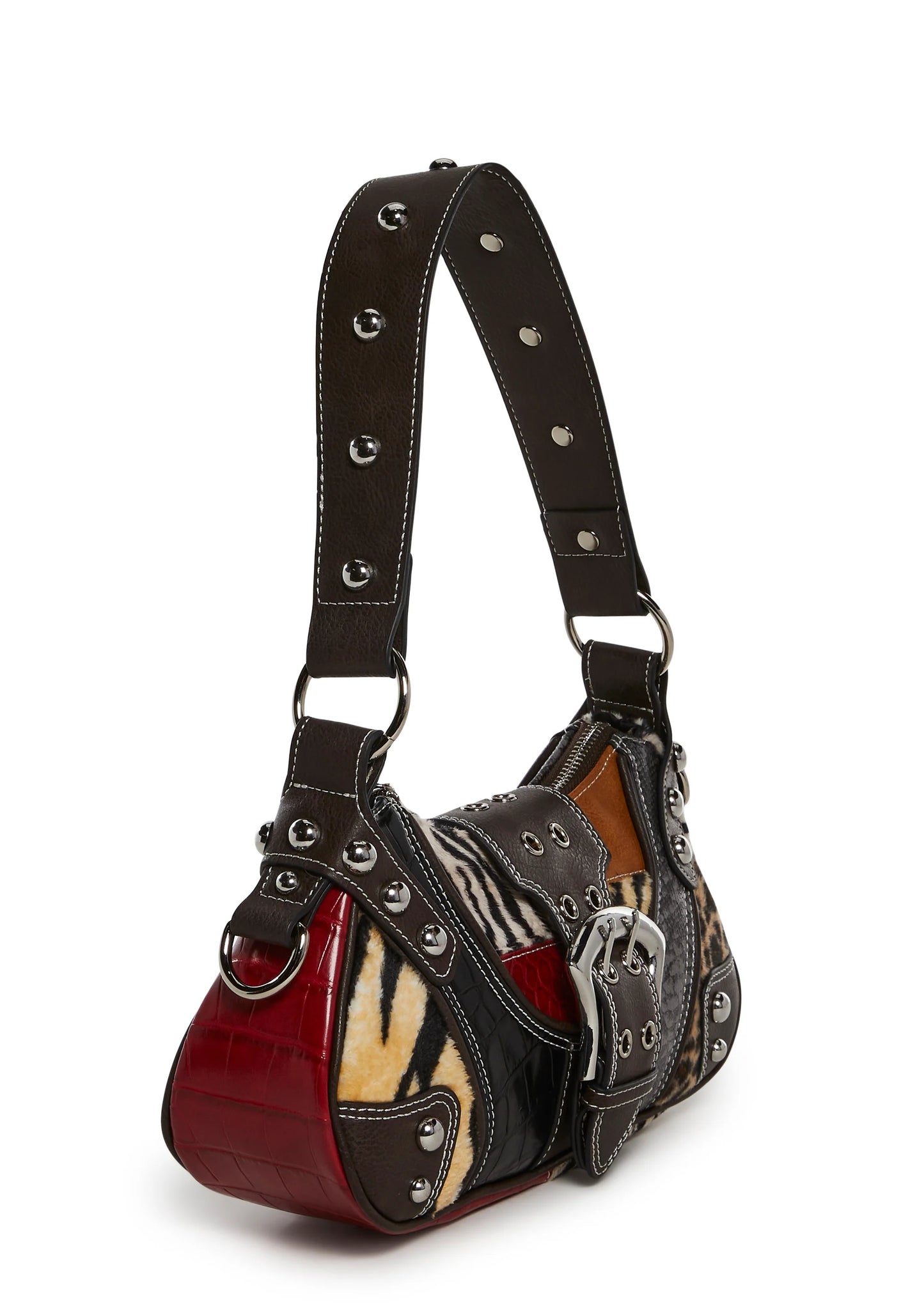 Animal Print Patchwork Leather Shoulder Buckle Bag