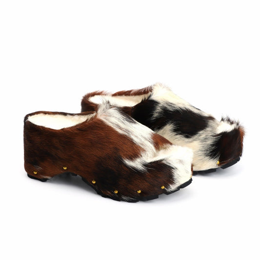 Women's Thick Long Hair Calfskin Clogs