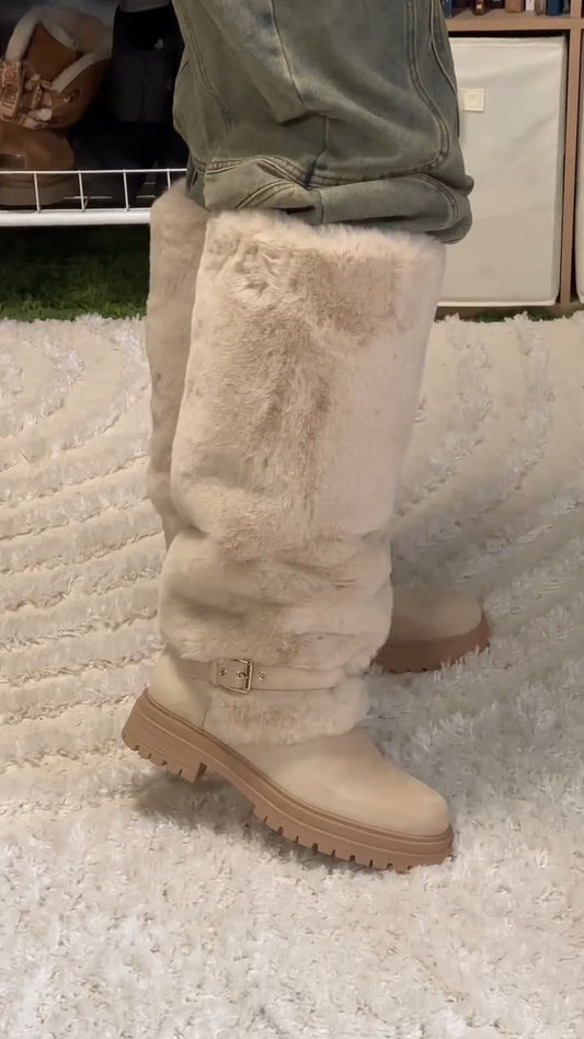 Platform Fluffy Panel Suede Knee High Boots