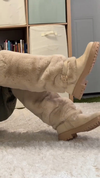 Platform Fluffy Panel Suede Knee High Boots