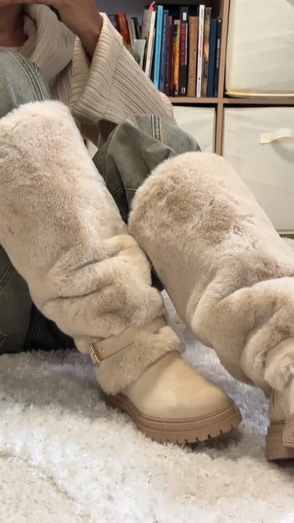 Platform Fluffy Panel Suede Knee High Boots