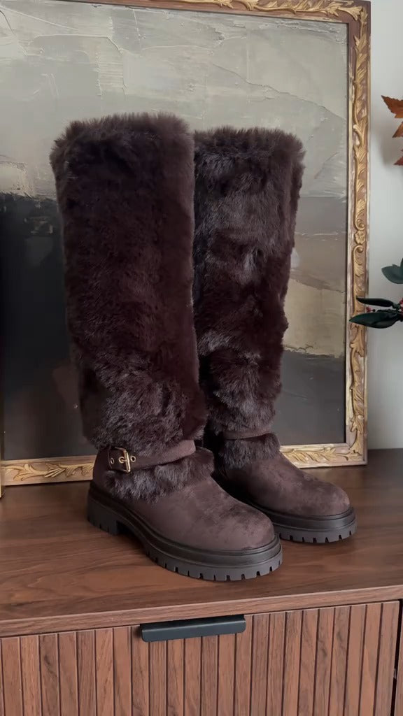 Platform Fluffy Panel Suede Knee High Boots