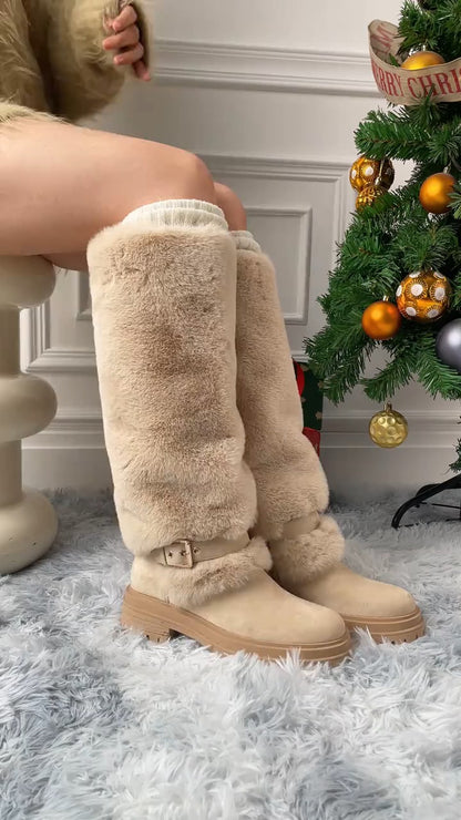 Platform Fluffy Panel Suede Knee High Boots