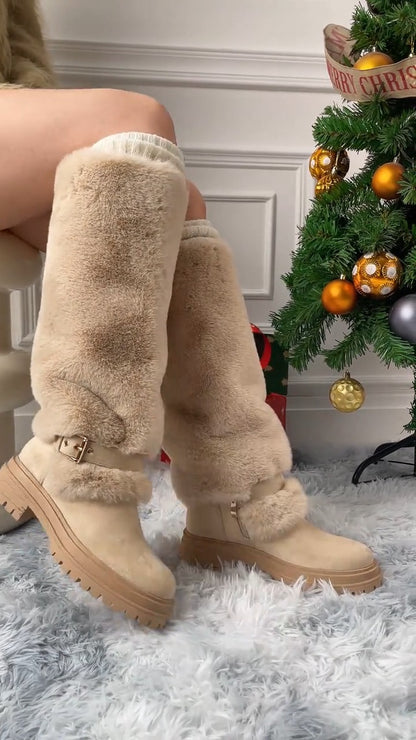 Platform Fluffy Panel Suede Knee High Boots