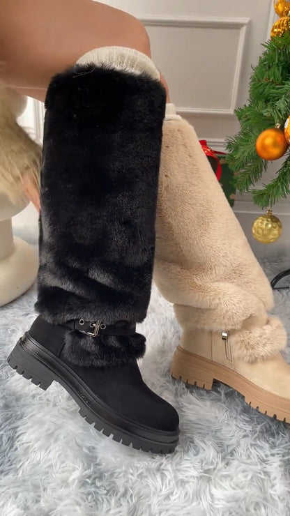 Platform Fluffy Panel Suede Knee High Boots