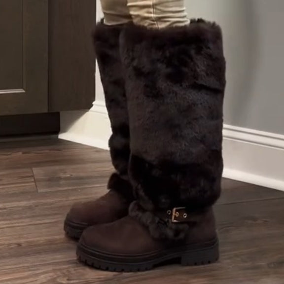 Platform Fluffy Panel Suede Knee High Boots