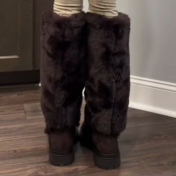 Platform Fluffy Panel Suede Knee High Boots