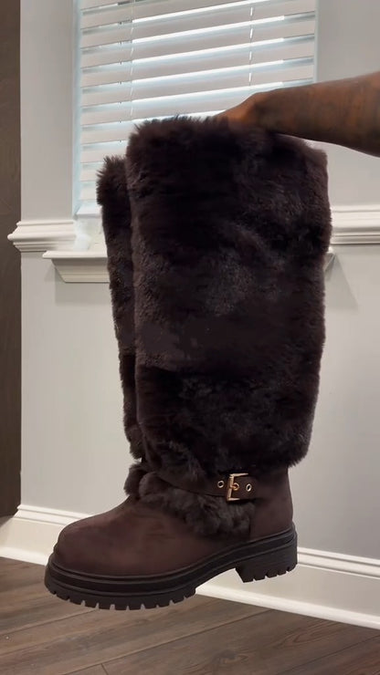 Platform Fluffy Panel Suede Knee High Boots