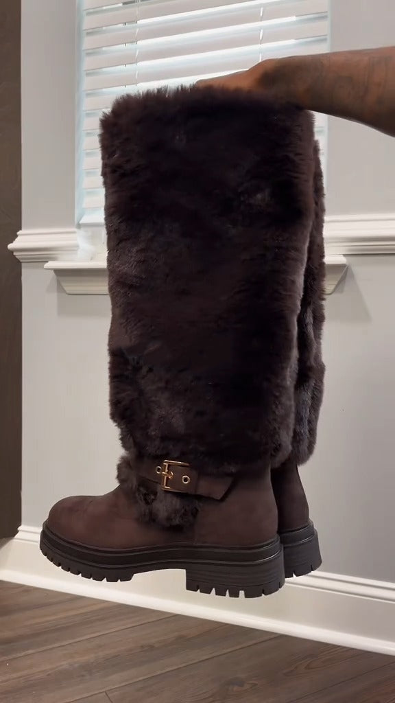 Platform Fluffy Panel Suede Knee High Boots