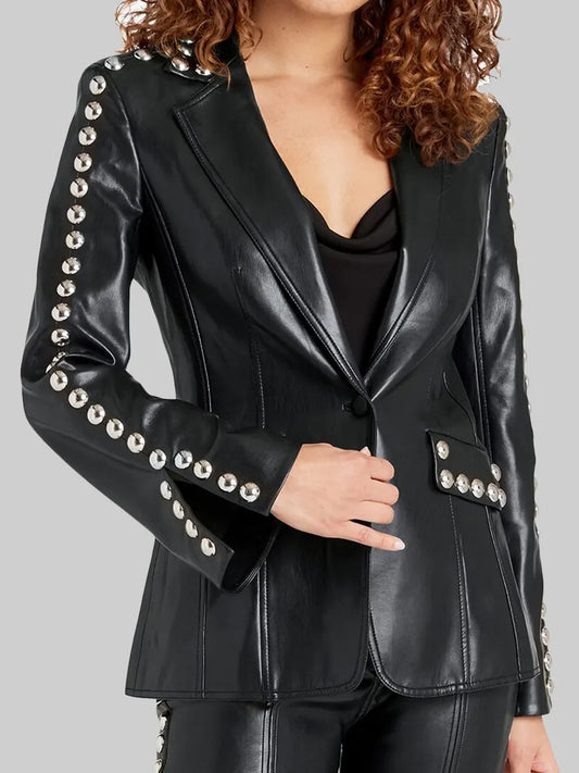 Lapel Style Collar Studded Faux Leather Blazer