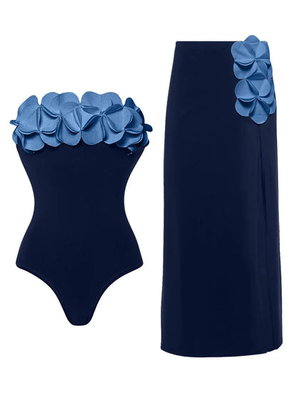 3D Flower Strapless Swimsuit 2 Piece Set