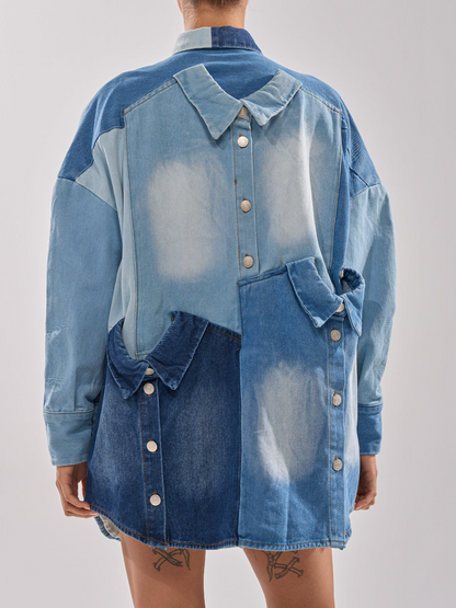 Denim Spliced Multi-Layer Faux-Collar Dress