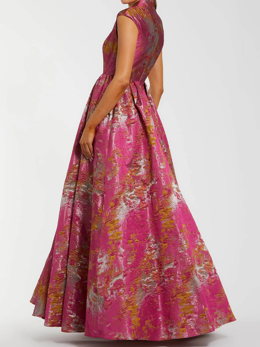 Printed V-neck Mandarin Collar Party Dress