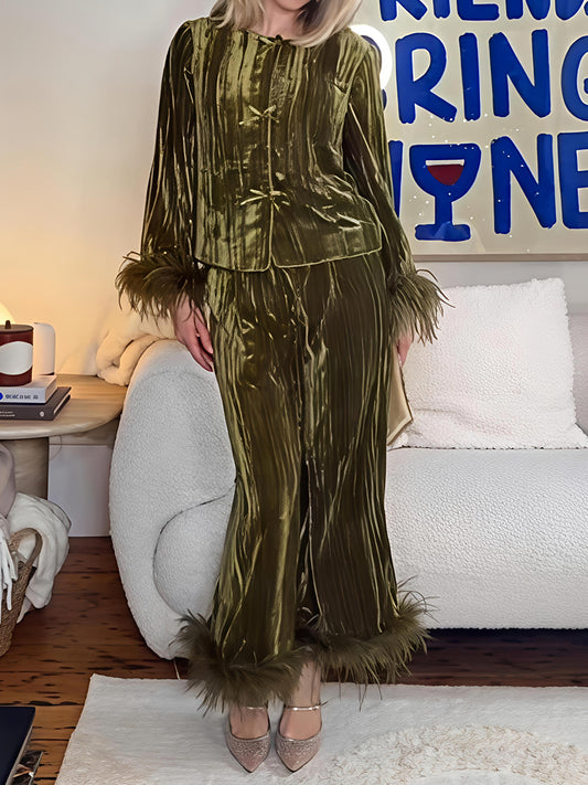 Feather Cuff Velvet Two Piecees Set