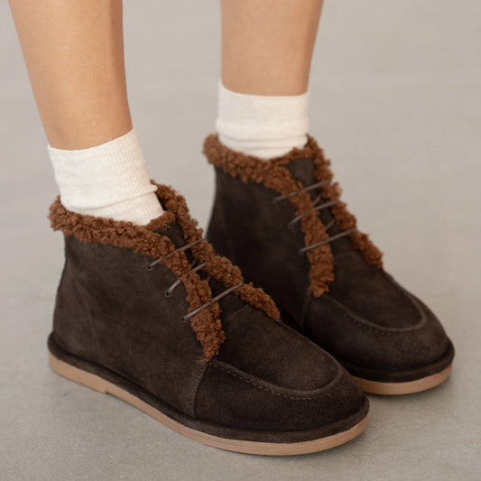 Round Toe Plush Lace-Up Flat Boots