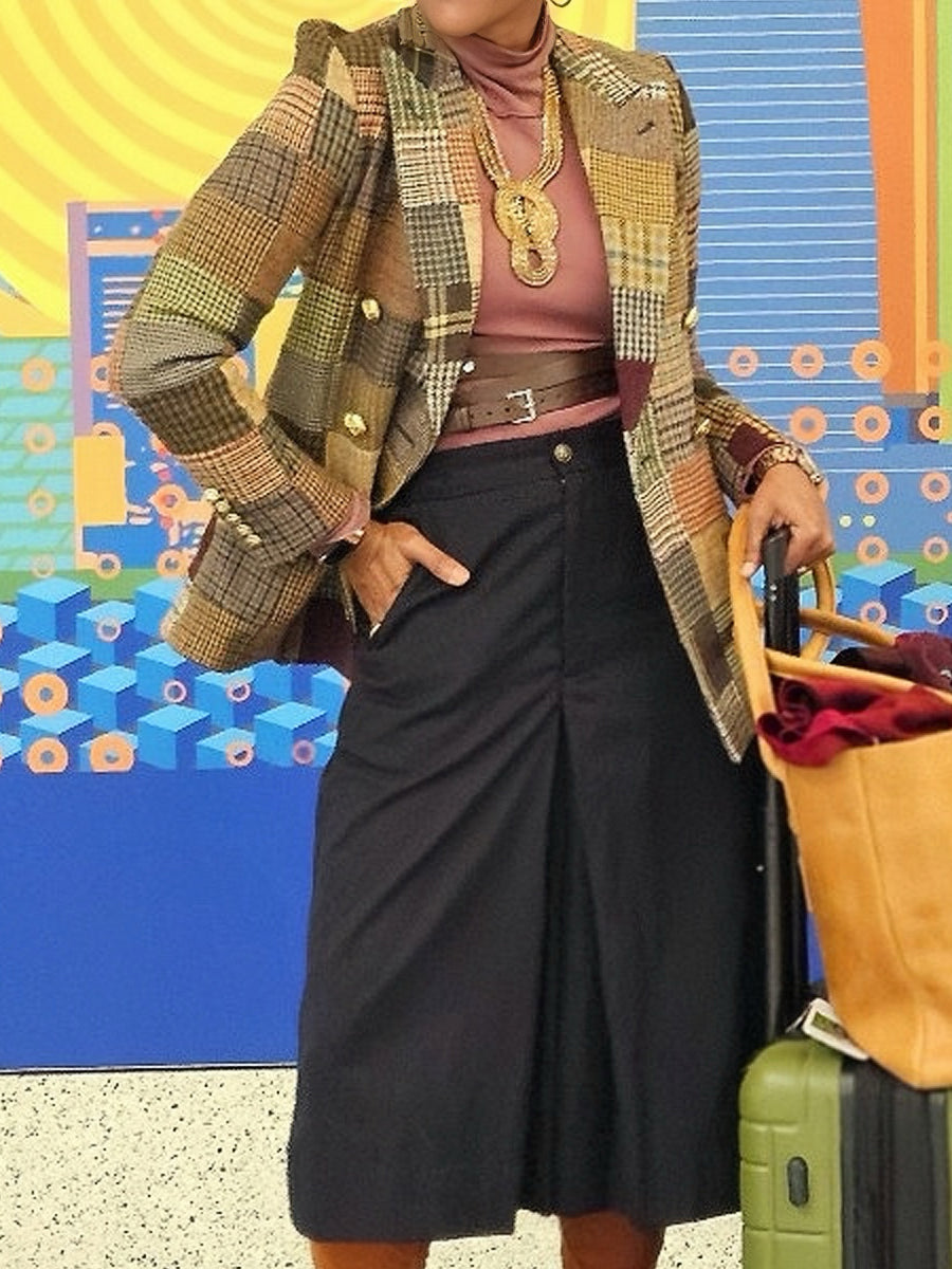 Fashion Button Up Patchwork Tweed Blazer