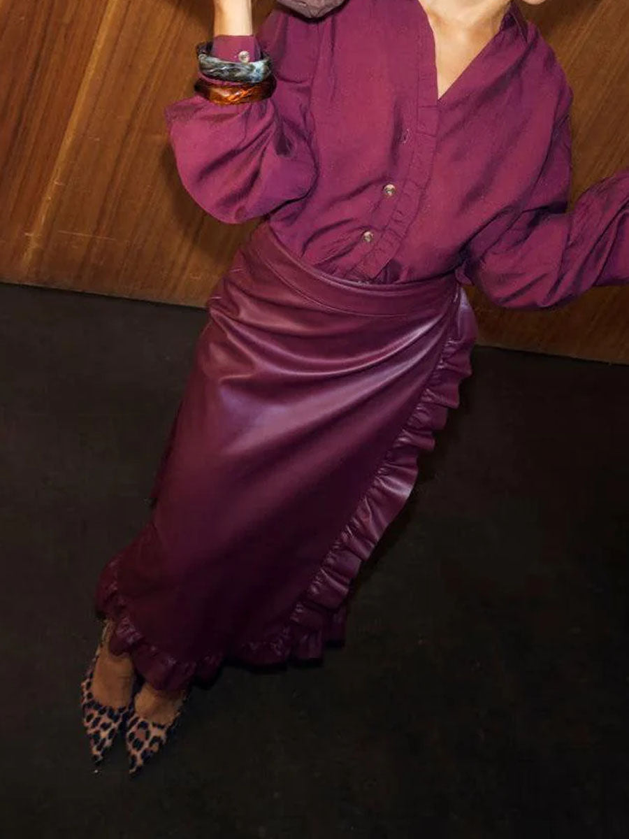 PU Ruffled Wrapped Midi Skirt