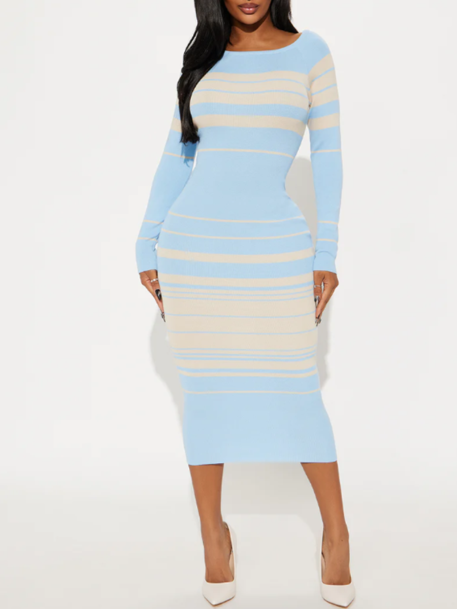 Striped Knit Blue And White Contrast Dress