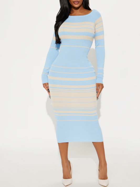 Striped Knit Blue And White Contrast Dress