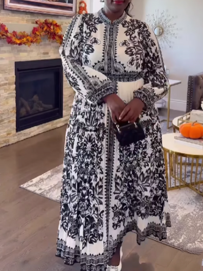 Black And White Printed Crewneck Dress