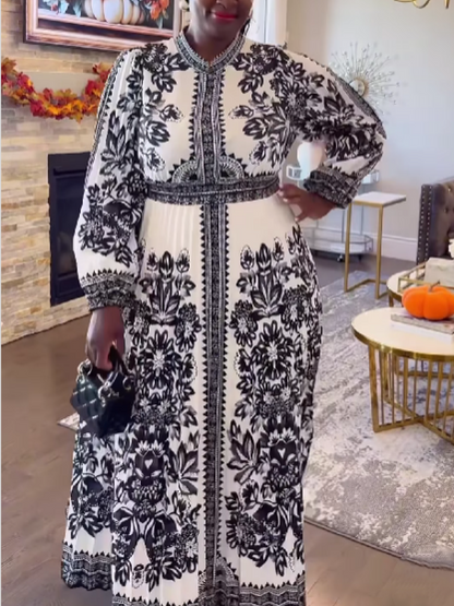 Black And White Printed Crewneck Dress