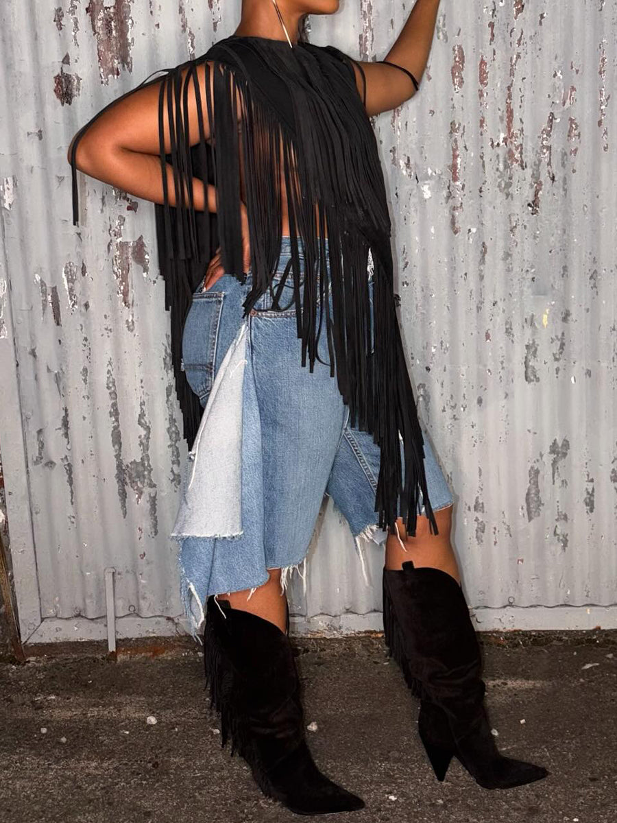 Suede V Neck Fringe Top