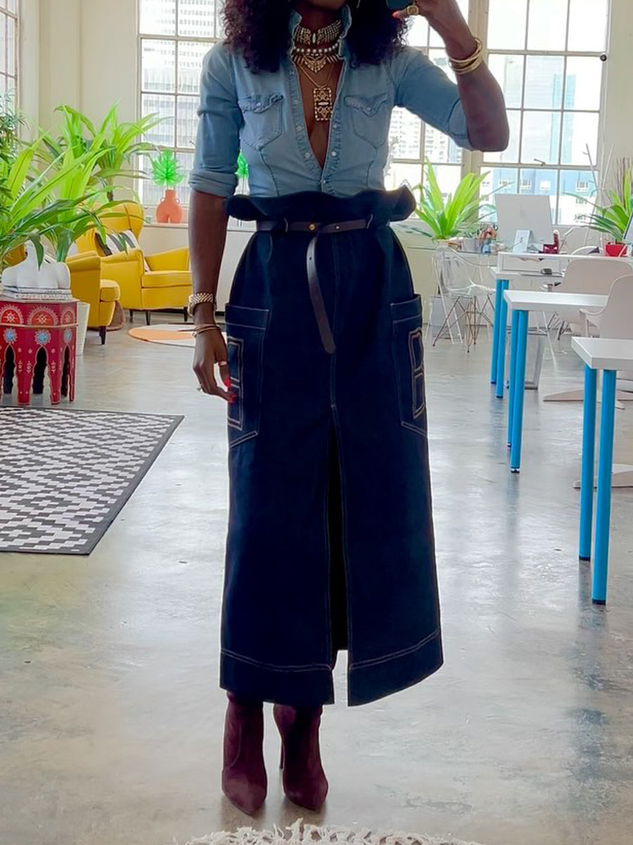 Fashion Denim Slit Hem Bud Skirt