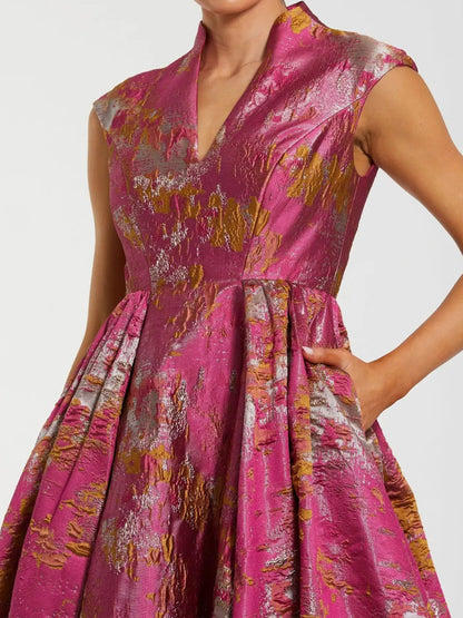 Printed V-neck Mandarin Collar Party Dress