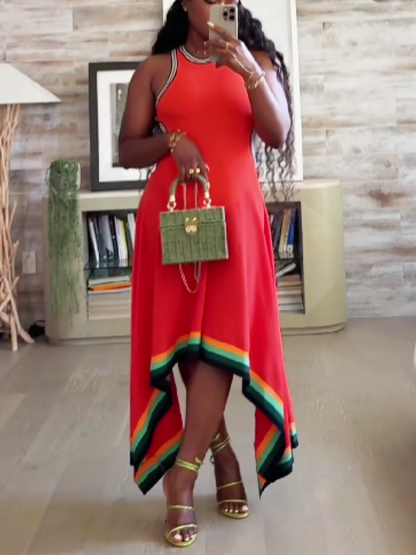 Crewneck Sleeveless Color Contrast Dress