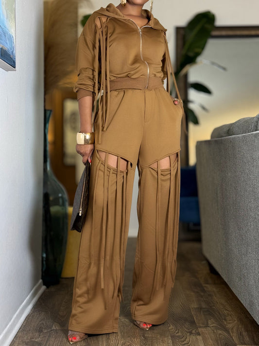 Hooded Elasticized Waist Tassels Two Pieces Set