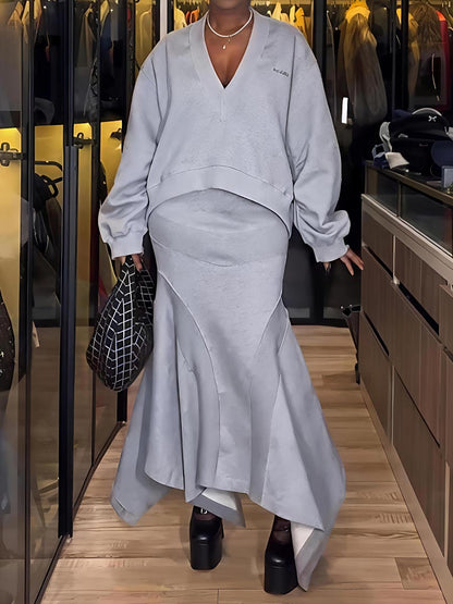 Fashion Patchwork V Neck Top & Mermaid Skirt