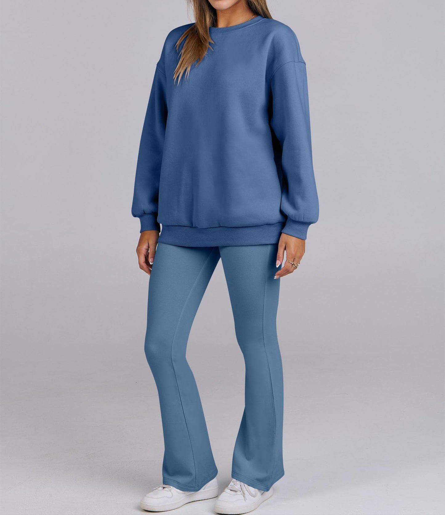 Women Oversized Fleece Crewneck Sweatshirts Flare Pants 2 Piece Lounge Set