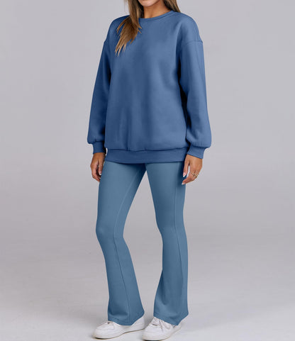 Women Oversized Fleece Crewneck Sweatshirts Flare Pants 2 Piece Lounge Set