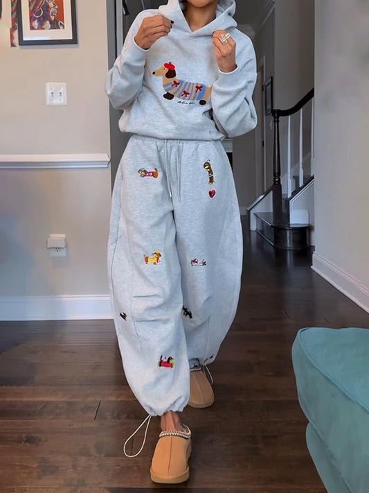 Embroidery Cartoon Dog Hooded Sweatshirt & Sweatpants