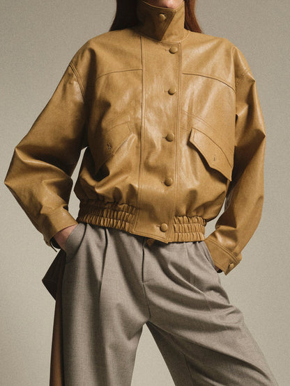 PU Dropped Shoulders Stand Collar Jacket