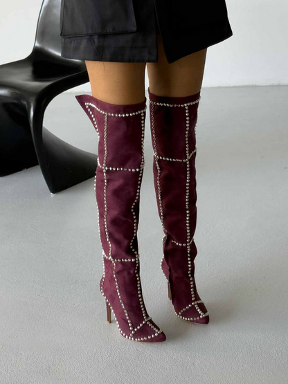 Studded Point-Top Suede Over-the-Knee Pumps
