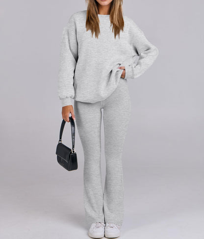 Women Oversized Fleece Crewneck Sweatshirts Flare Pants 2 Piece Lounge Set