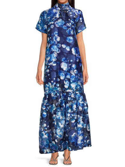 Floral Jacquard Mock Neck Tiered Hem Maxi Dress